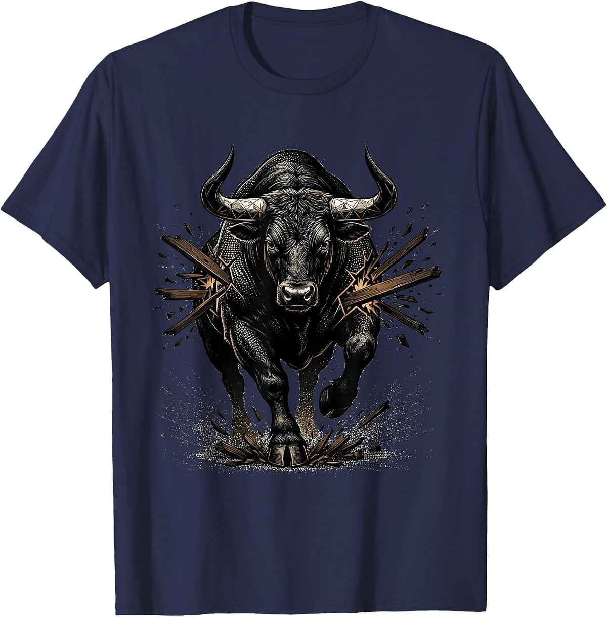 Bull Charging Through Boardroom Table Graphic T-Shirt - Navy Blue