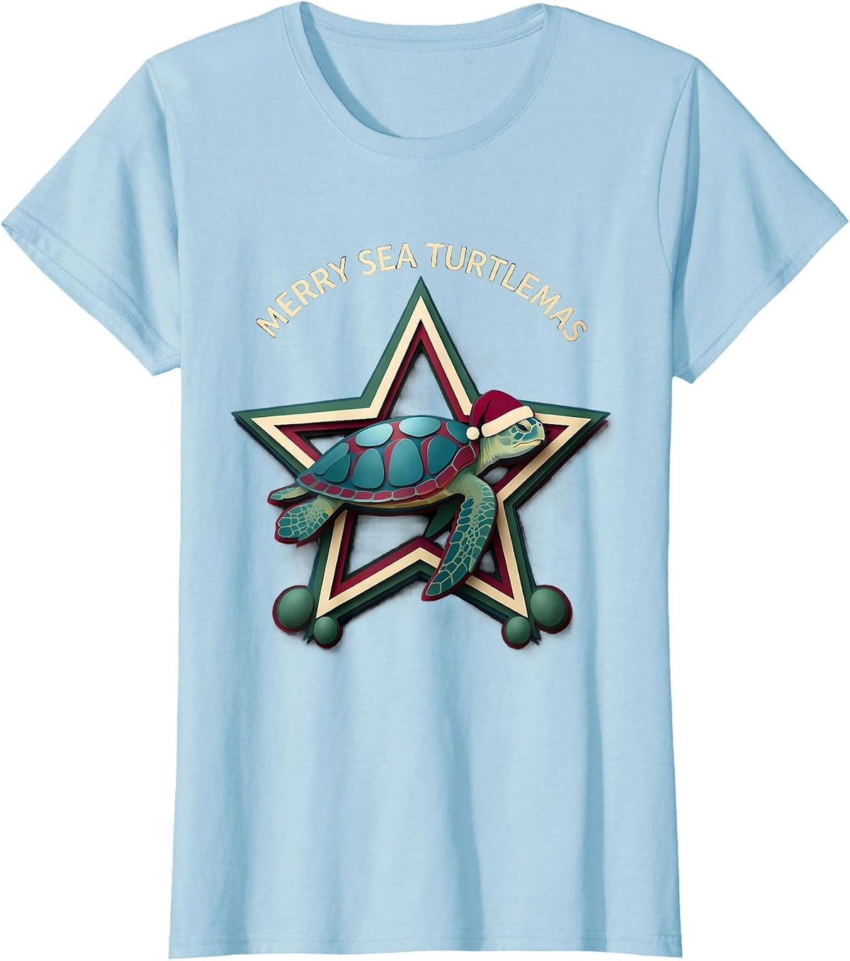 Merry Sea Turtlemas Paper Cutout Sea Turtle Lover Holiday T-Shirt - Baby Blue