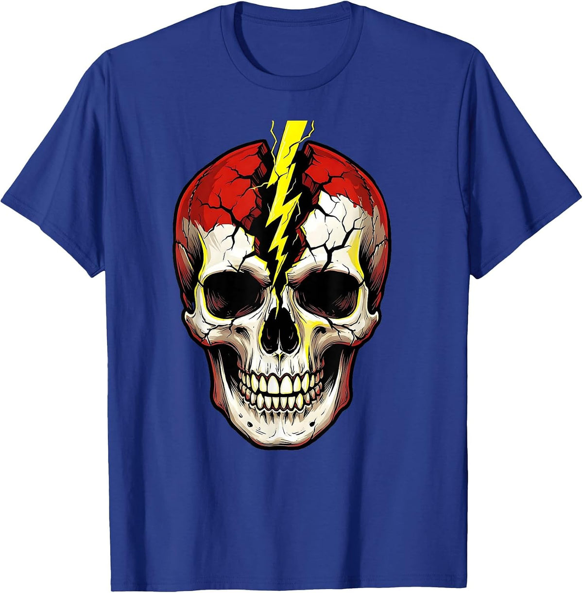 Skull Lightning Bolt Crack Metal Graphic Design T-Shirt - Royal Blue