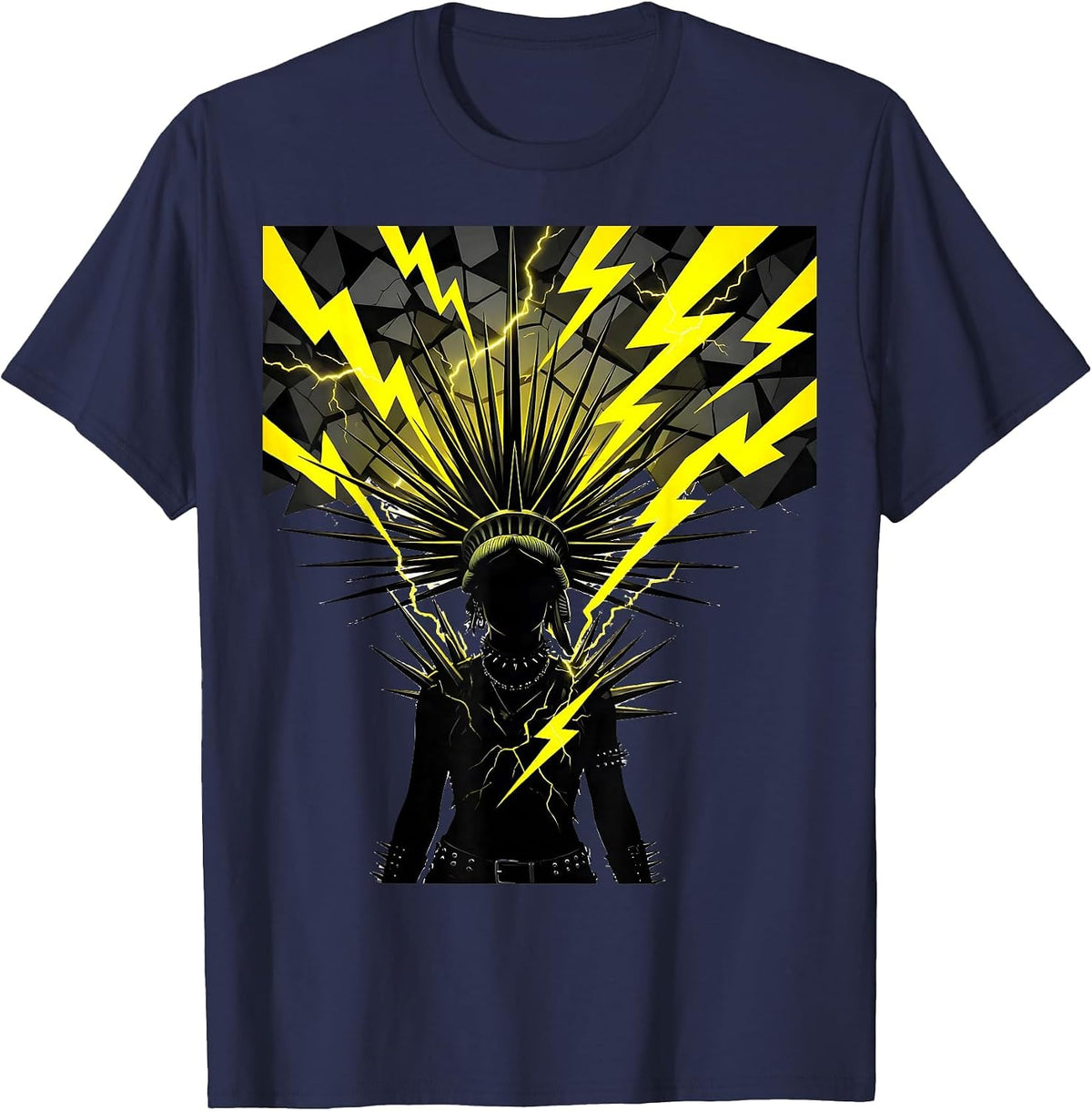 Punk Lightning Silhouette Liberty Spikes Design T-Shirt - Navy Blue