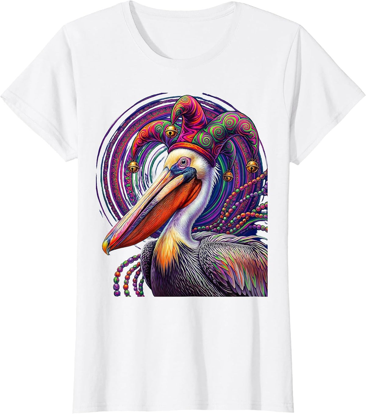 Mardi Gras Pelican Jester Hat and Beads Design T-Shirt - White