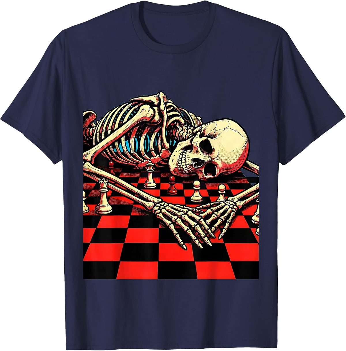 Skeleton Slumped Over Unfinished Chess Game T-Shirt - Navy Blue