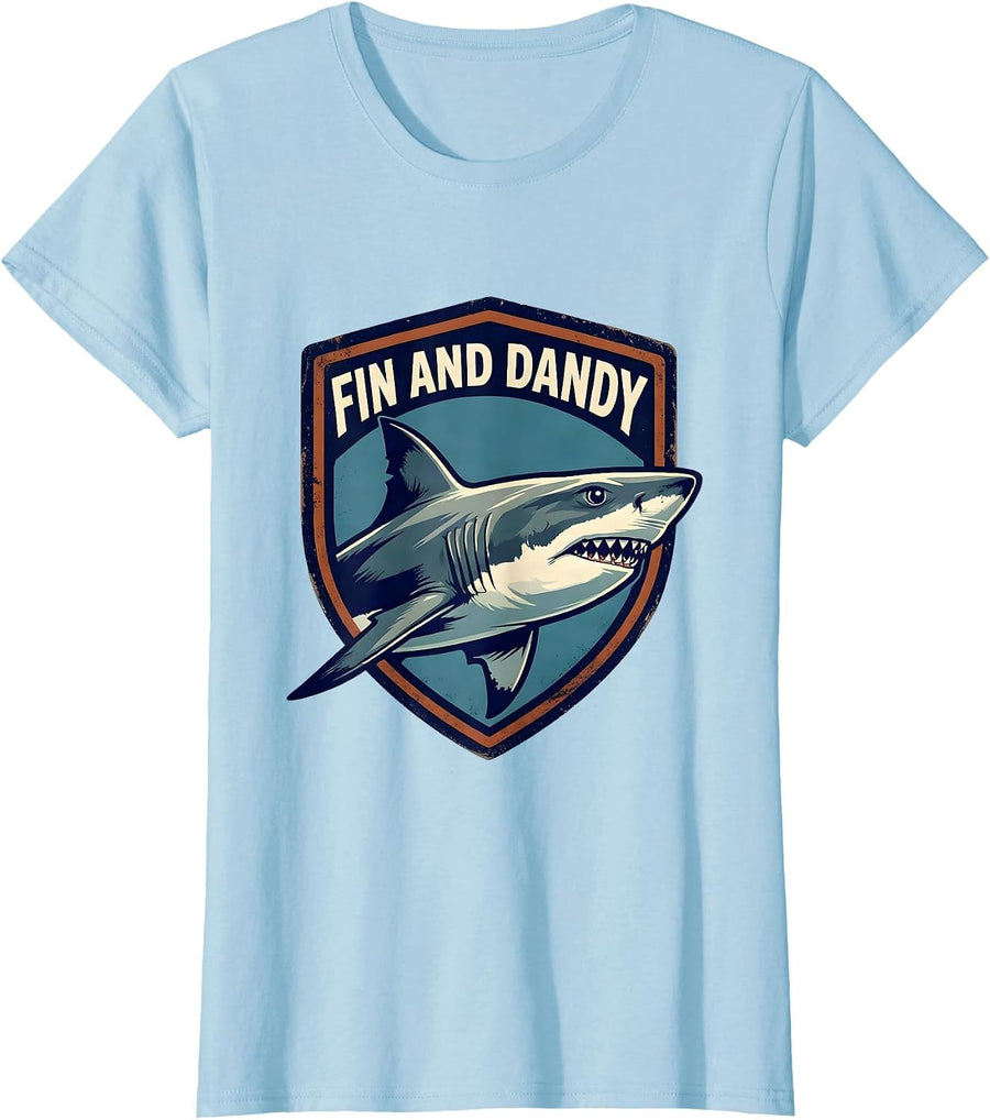 Women's Fin And Dandy Vintage Funny Shark Lover Ocean Animal Humor T-Shirt - Baby Blue