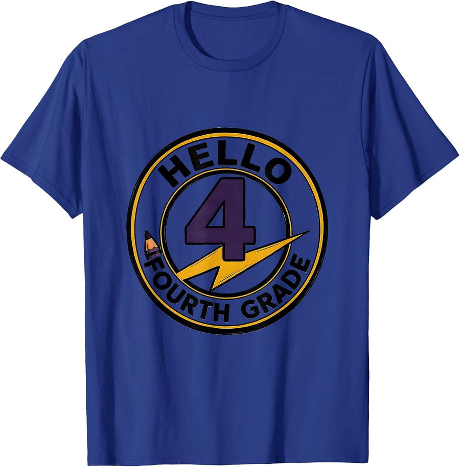 Hello Fourth Grade Retro Teacher Lightning Bolt Pencil T-Shirt - Royal Blue
