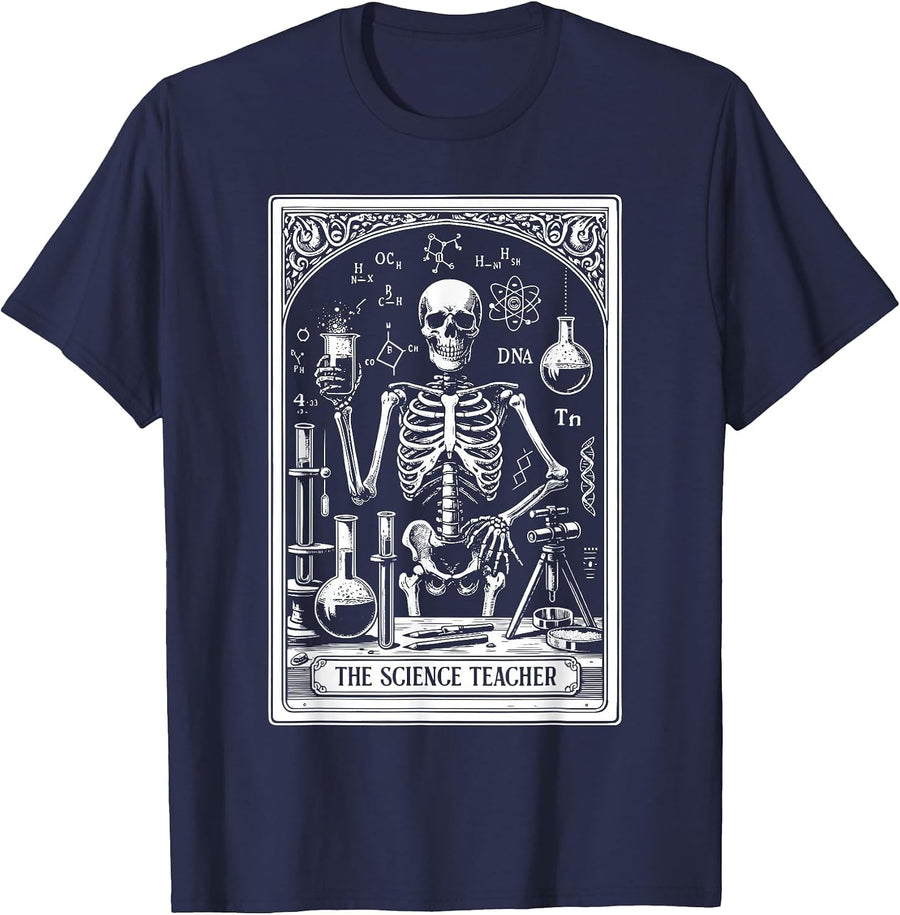 Science Teacher Skeleton Tarot Card Teacher Appreciation T-Shirt - Navy Blue