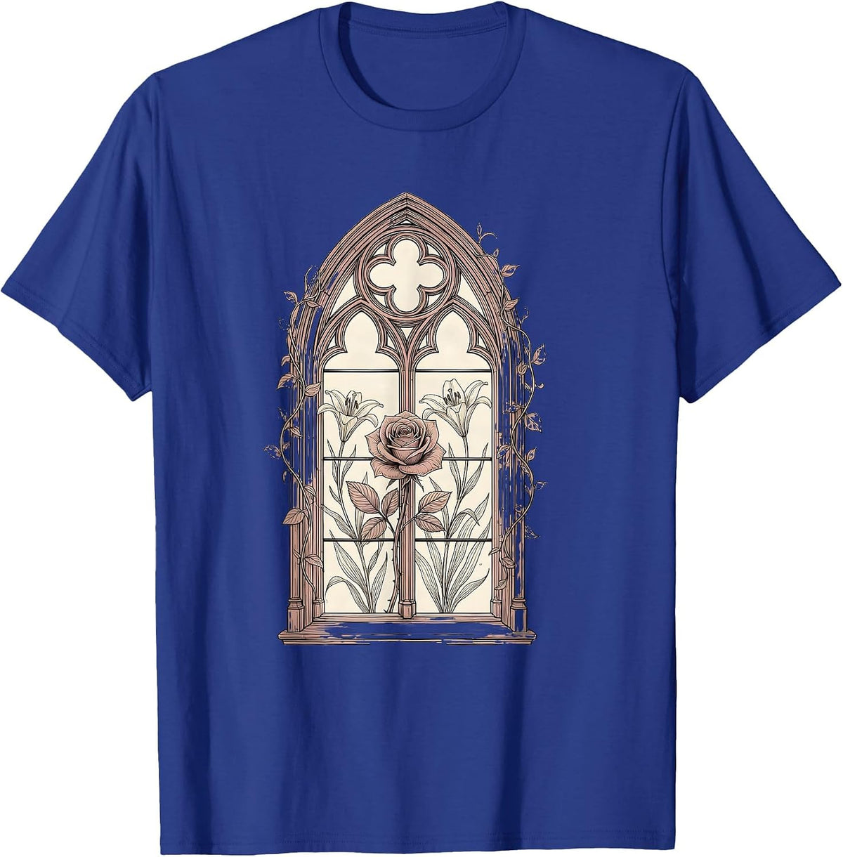 Men's Stained Glass Blooming Garden Religious Design T-Shirt - Royal Blue