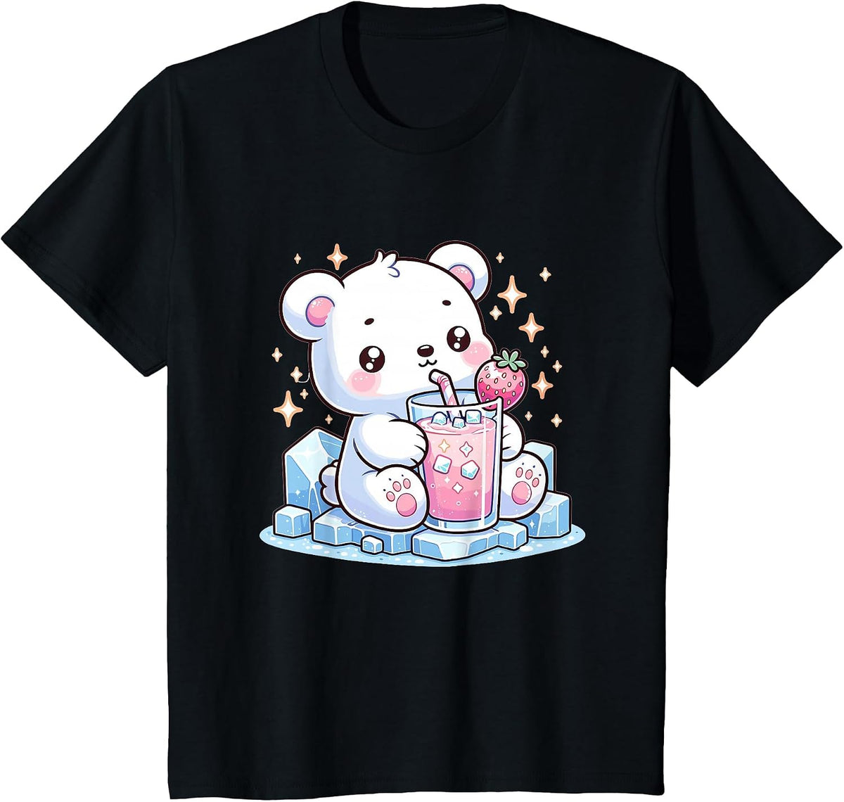 Cute Kawaii Style Polar Bear Drinking Strawberry Milk T-Shirt - Black