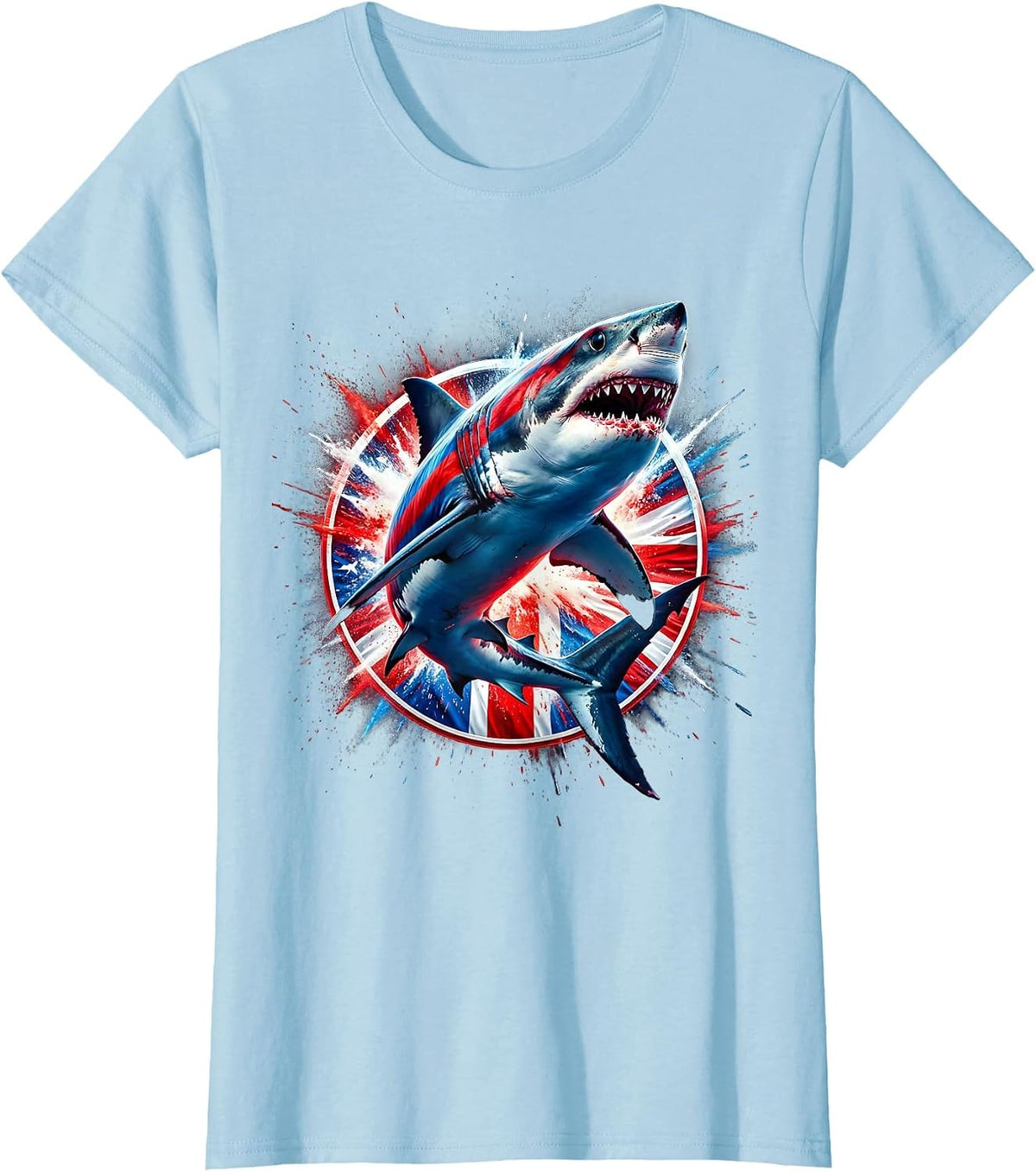 Red White Blue Great White Shark Flag Pattern T-Shirt - Baby Blue