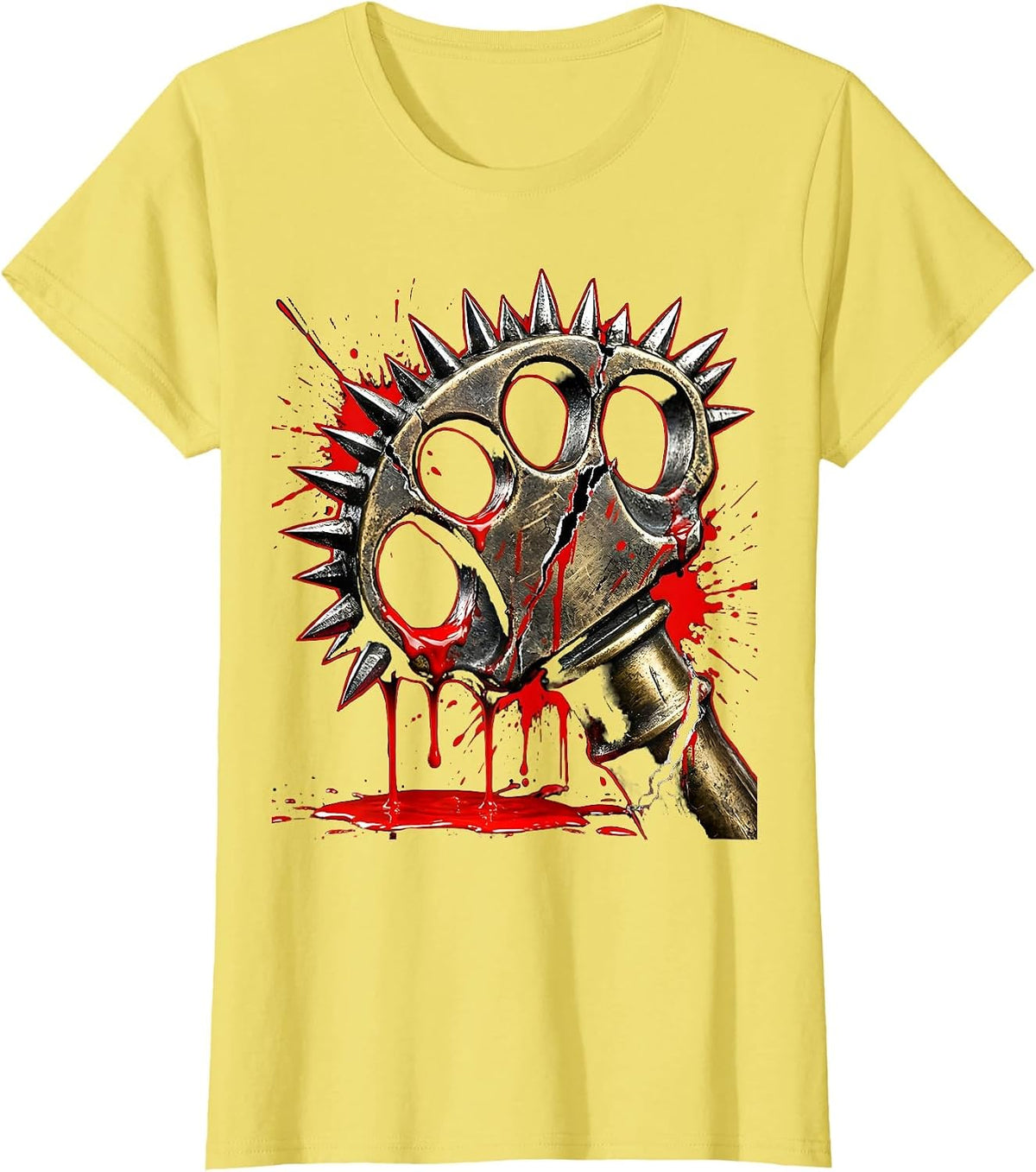 Spiked Knuckle Duster Dripping Paint Punk Art T-Shirt - Lemon Yellow