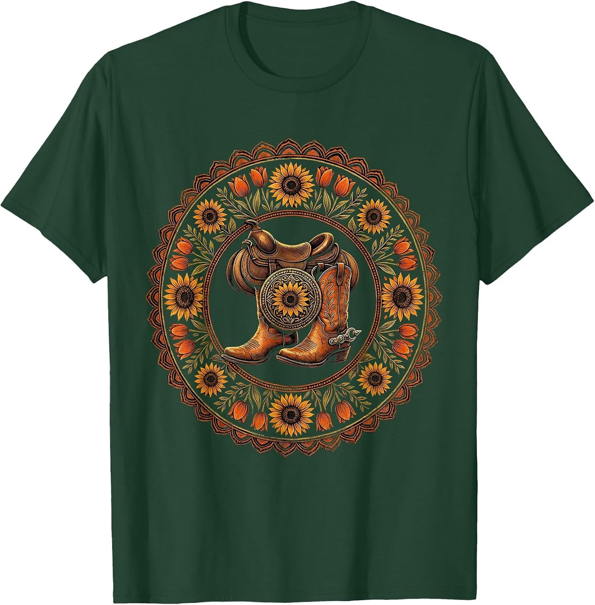Cowgirl Boots Spurs and Saddle Western Graphic T-Shirt - Dark Green