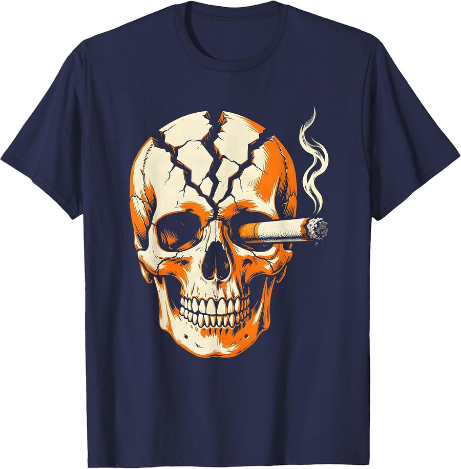 Grunge Skull and Cigarette Dark Art Design T-Shirt - Navy Blue
