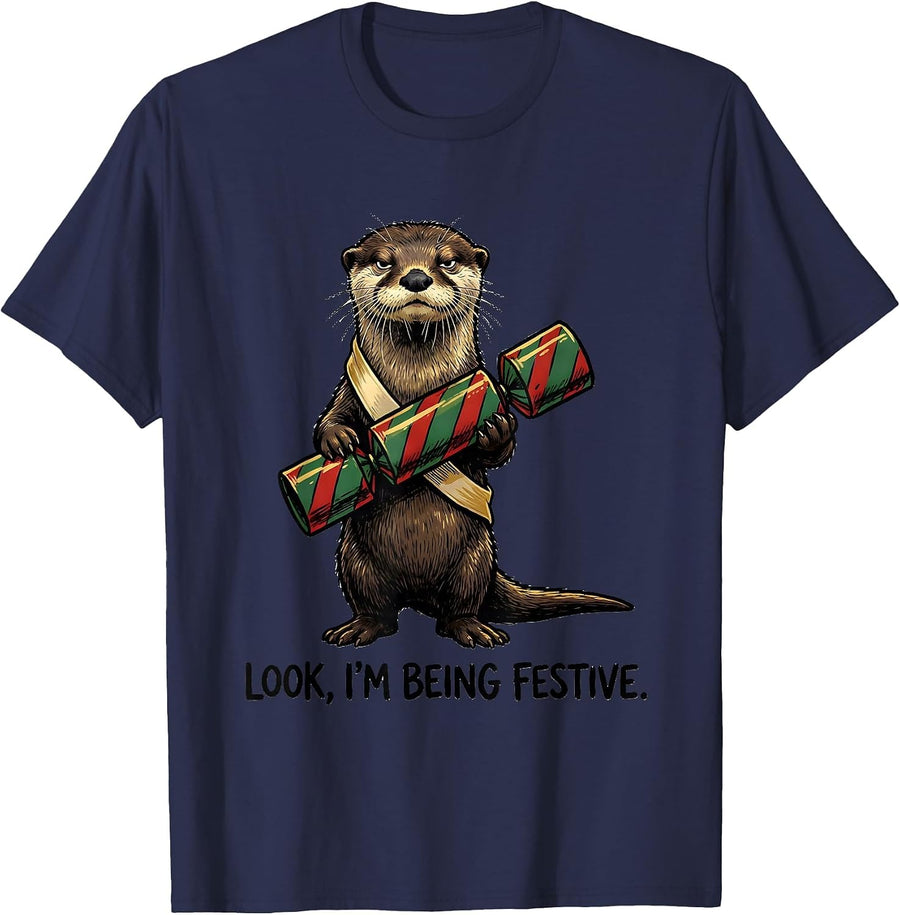 Look, I'm Being Festive Grumpy Otter Christmas Cracker Humor T-Shirt - Navy Blue