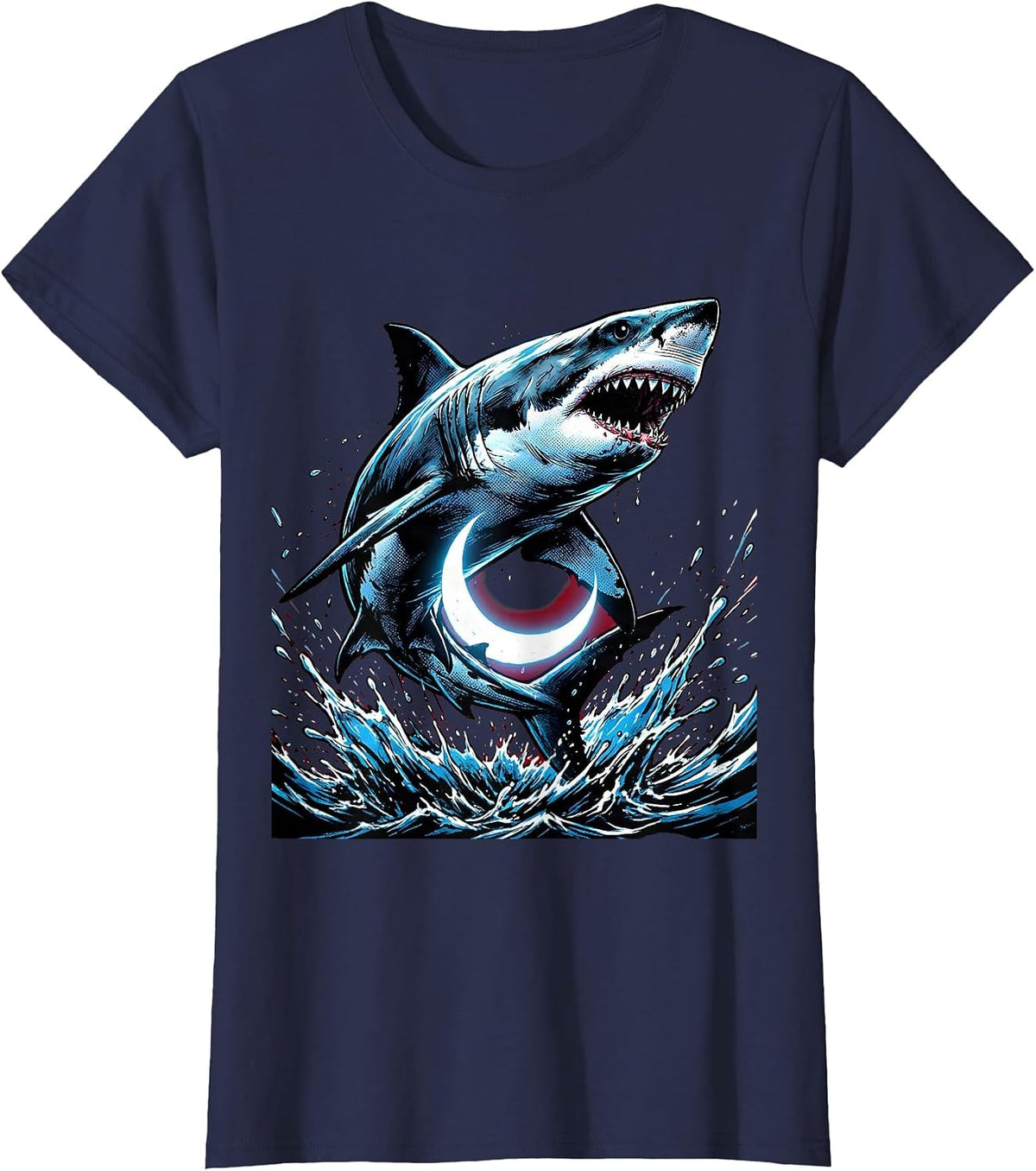 Women's Shark Leaping Over Crescent Moon Graphic T-Shirt - Navy Blue