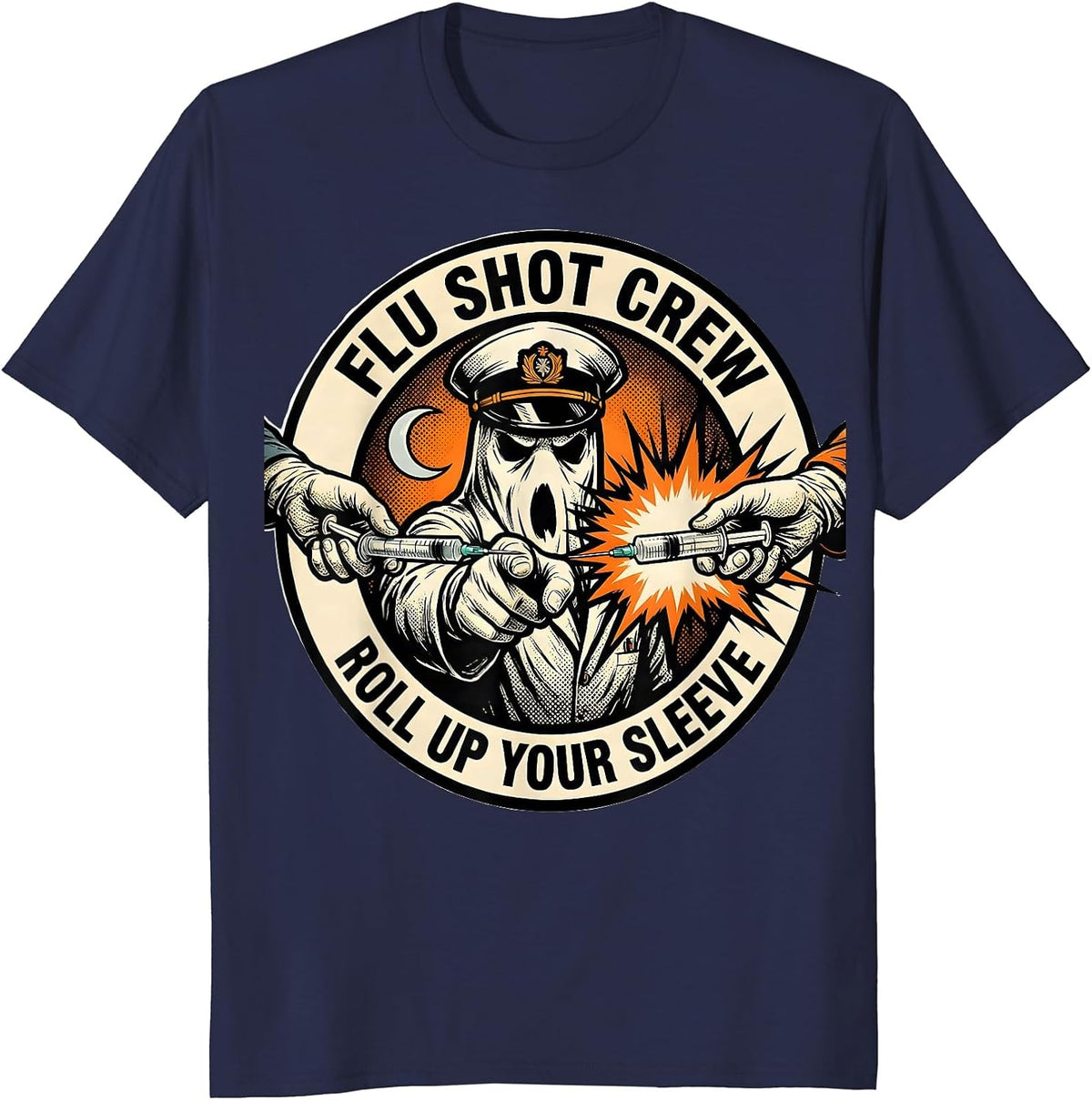 Men's Flu Shot Crew Roll Up Your Sleeve Funny Nurse Ghost T-Shirt - Navy Blue