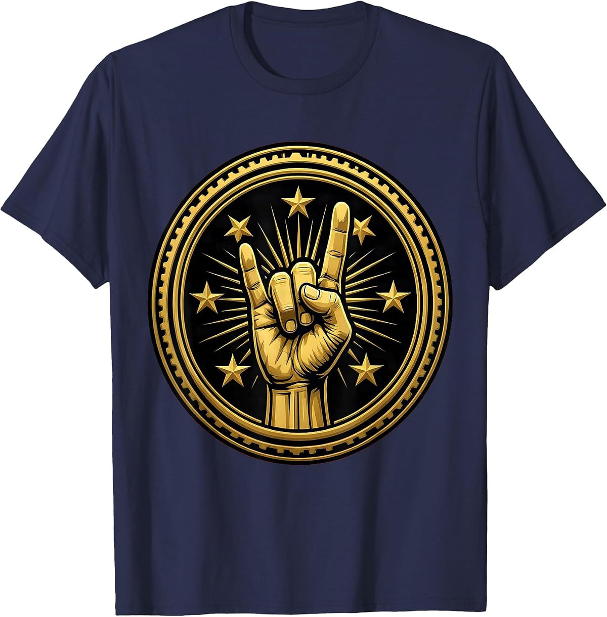 Men's Rock Devil Horns Hand Sign With Stars Graphic T-Shirt - Navy Blue