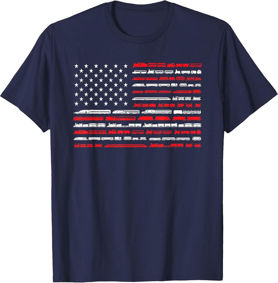 Train Railroad American Flag Vintage Locomotive T-Shirt - Navy Blue