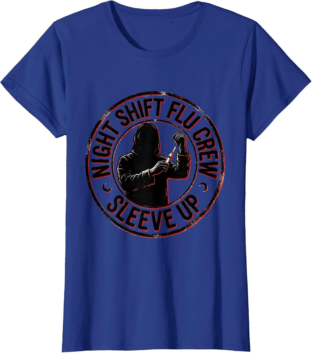 Women's Night Shift Flu Crew Sleeve Up Funny Nurse Ghost Halloween T-Shirt - Royal Blue
