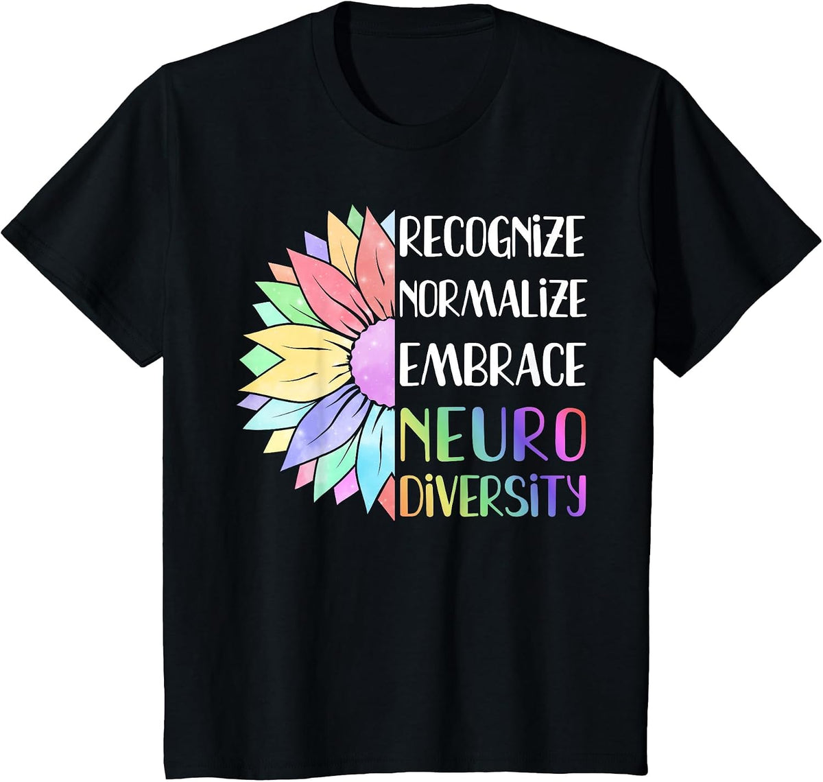 Embrace Neurodiversity - Rainbow Sunflower ADHD Autism T-Shirt - Black