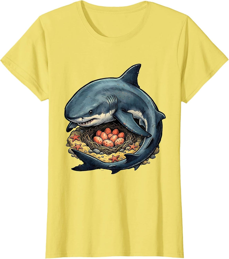 Mama Shark Protecting Eggs in Nest Illustration T-Shirt - Lemon Yellow