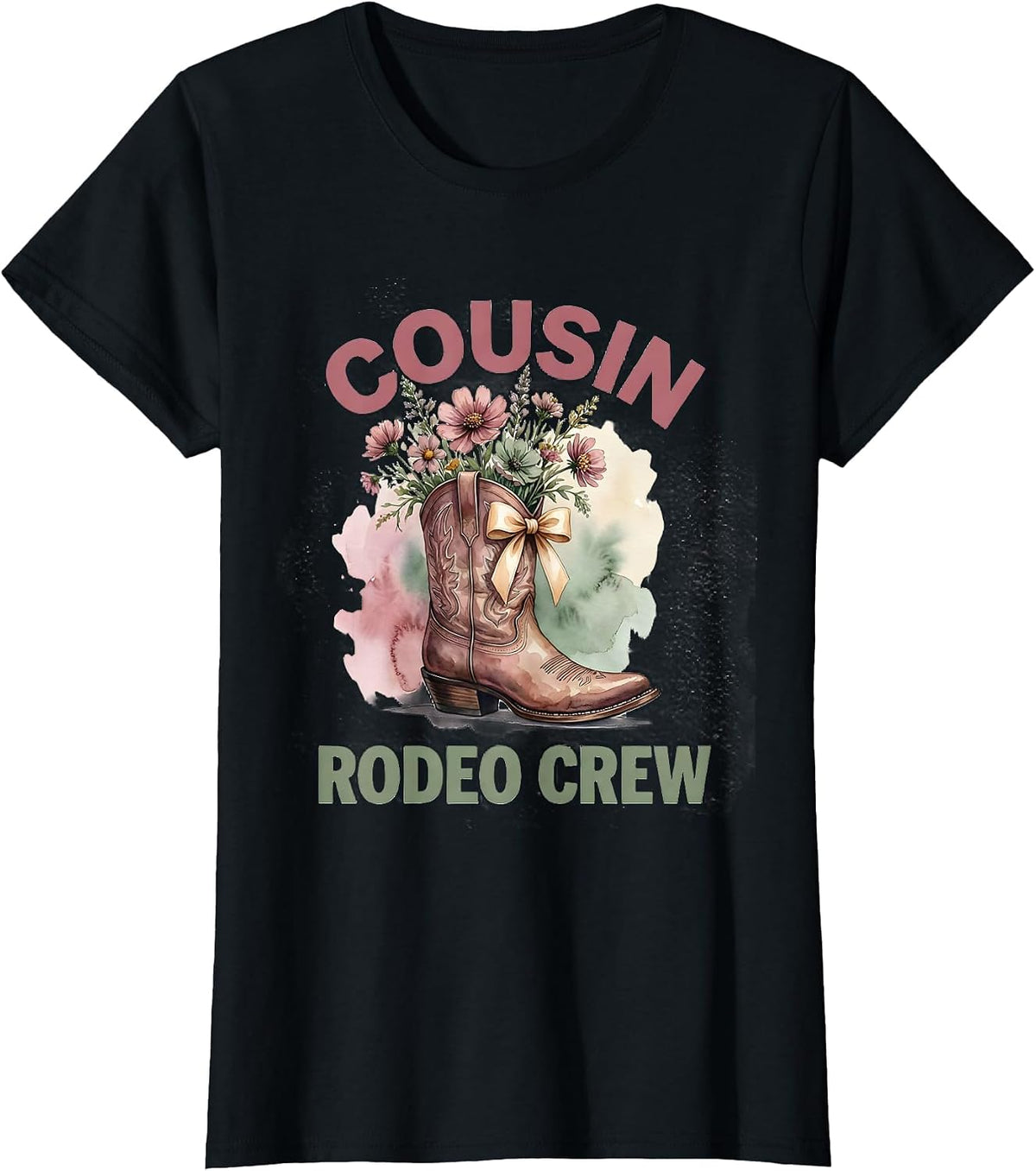 Cousin Rodeo Crew Watercolor Cowgirl Boot Birthday Party T-Shirt - Black