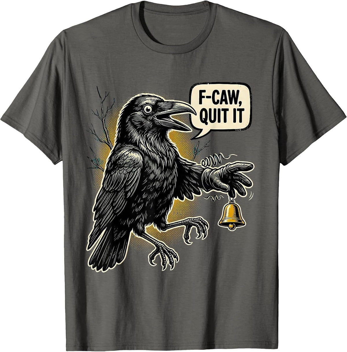 F-Caw, Quit It Retro Cartoon Crow Bird Lover Dark Humor T-Shirt - Asphalt Grey