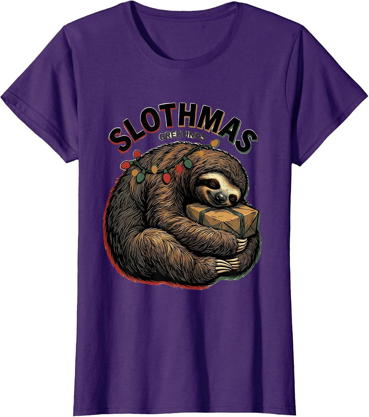 Women's Slothmas Greetings Funny Sloth Lover Christmas Pajama Gift T-Shirt - Purple