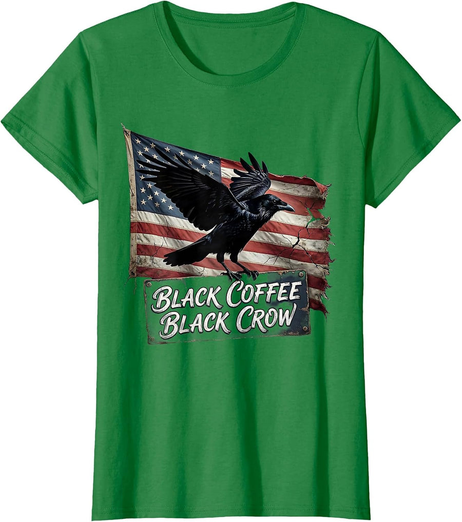 Women's Black Coffee Black Crow Cawf Lover Design T-Shirt - Kelly Green