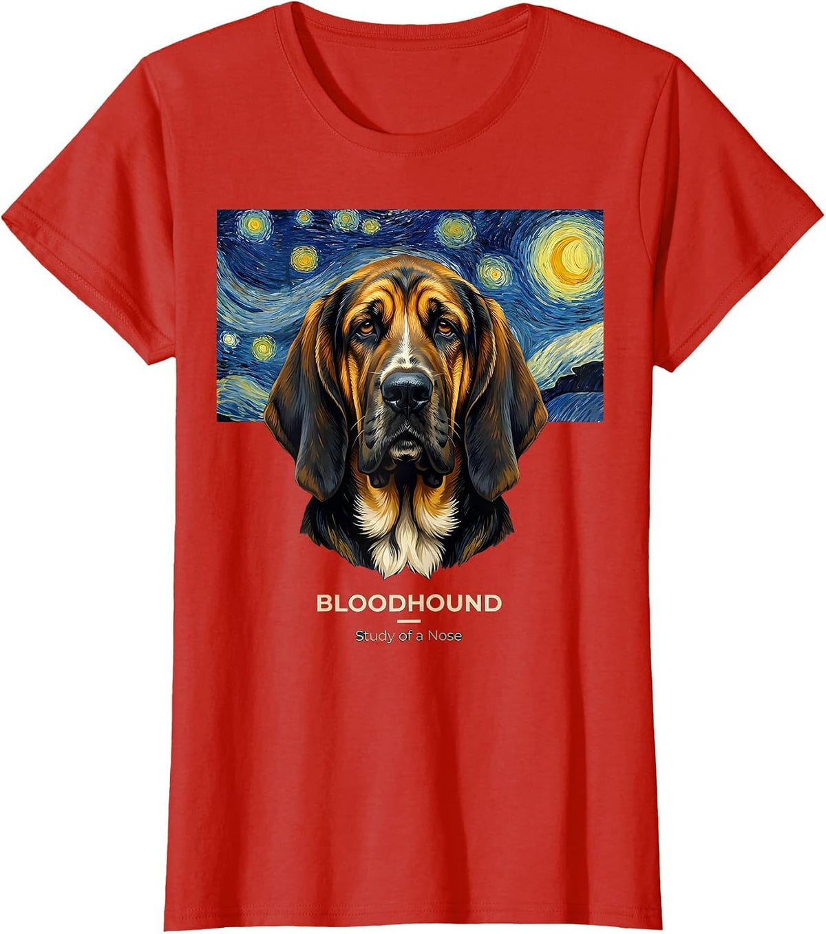 Women's Bloodhound Study of a Nose Whimsical Art Homage Pet Portrait T-Shirt - Red