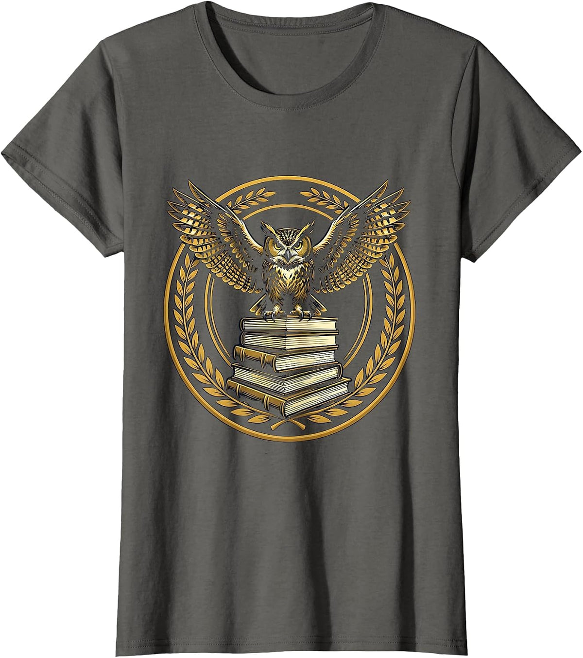 Women's Wise Owl Perched on Stacked Textbooks Design T-Shirt - Asphalt Grey