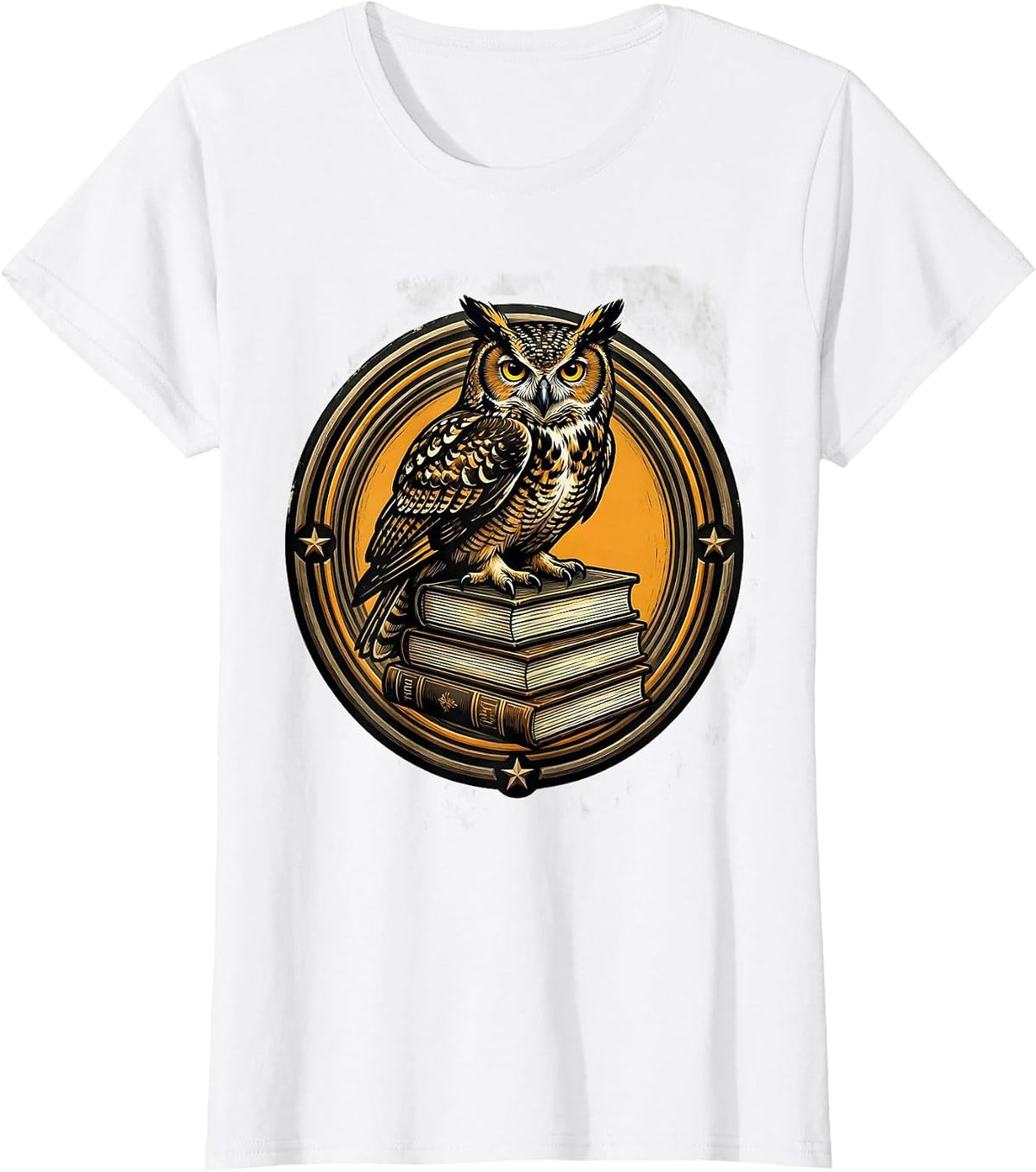 Women's Wise Owl Perched on Stack of Books Illustration T-Shirt - White