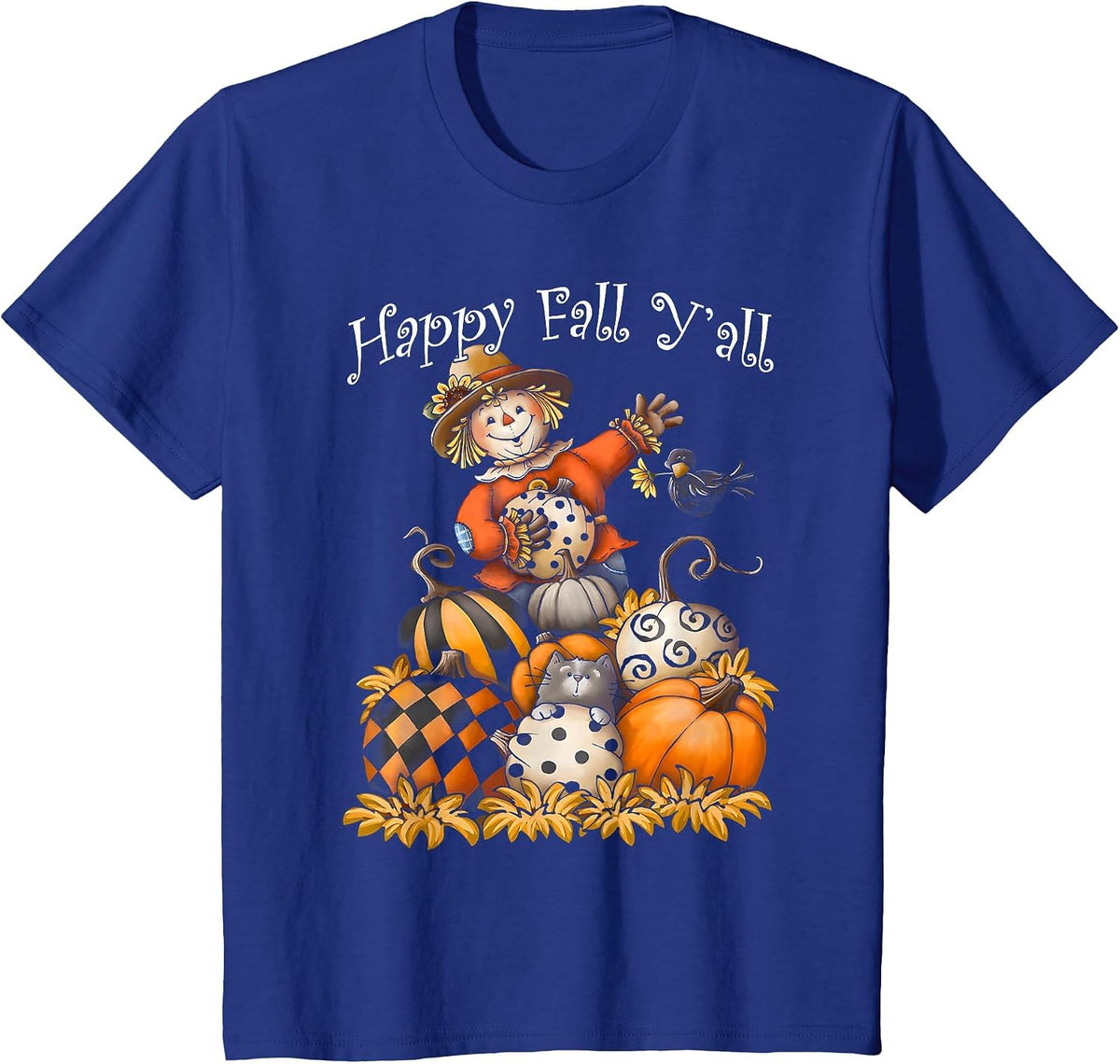 Scarecrow Happy Fall Y'all Pumpkin Thanksgiving Halloween T-Shirt - Royal Blue