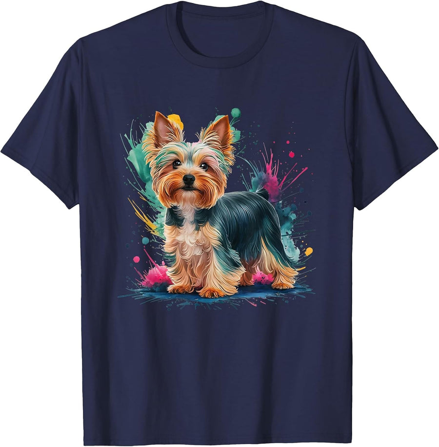 Men Woman Colorful Watercolor Yorkshire Terrier T-Shirt - Navy Blue