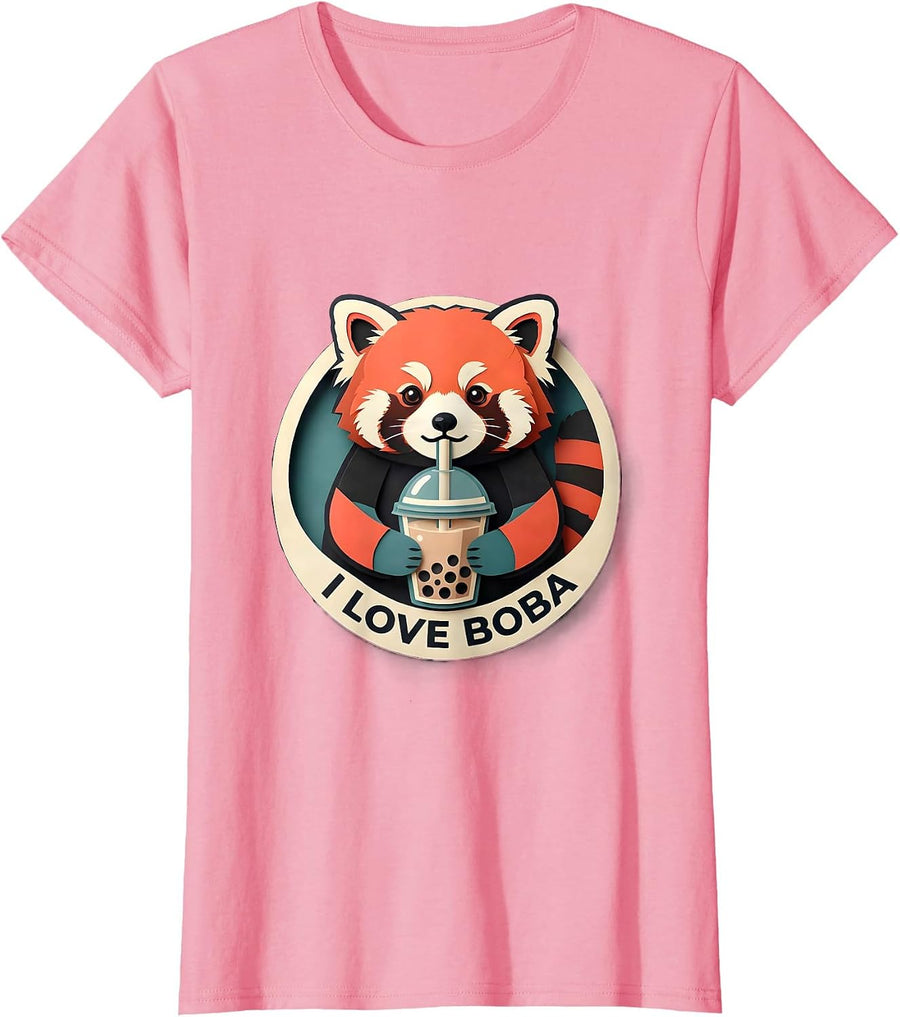 Women's I Love Boba Cute Kawaii Panda Anime Bubble Tea Boba Lover T-Shirt - Pink