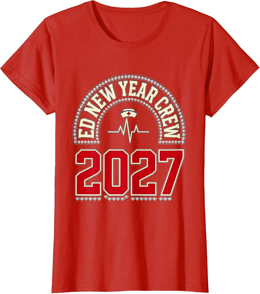 Women's ED New Year Crew 2027 Sparkle Varsity Nurse Crew New Years T-Shirt - Red