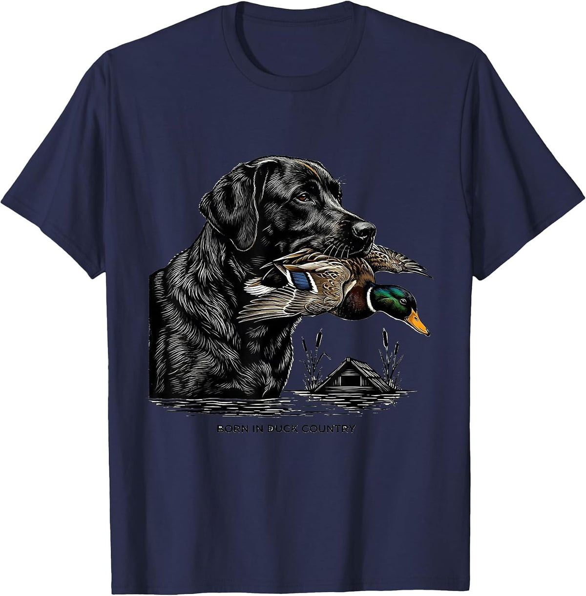 Born In Duck Country Scratchboard Labrador Duck Hunting T-Shirt - Navy Blue