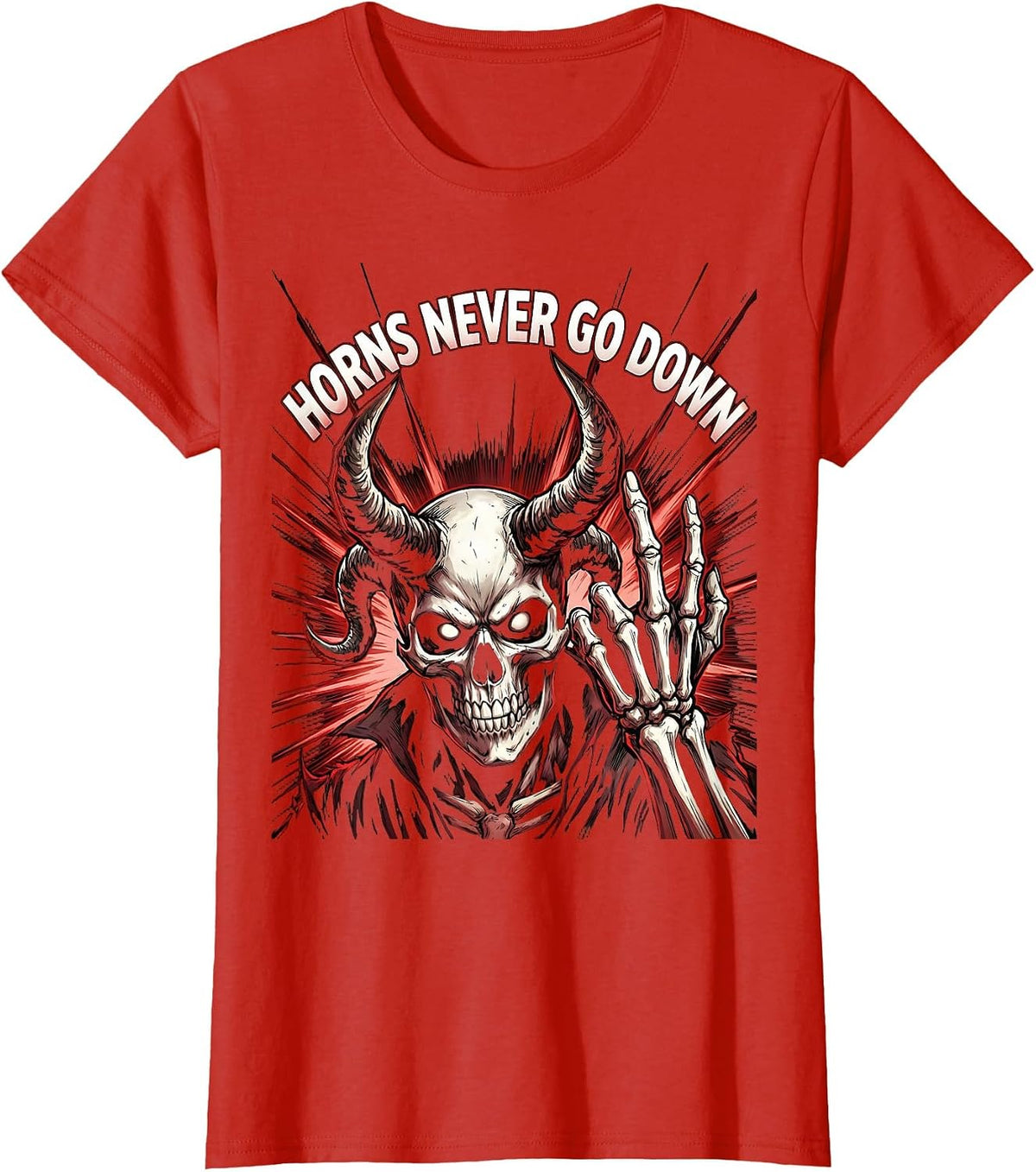 Horns Never Go Down Heavy Metal Music Design T-Shirt - Red