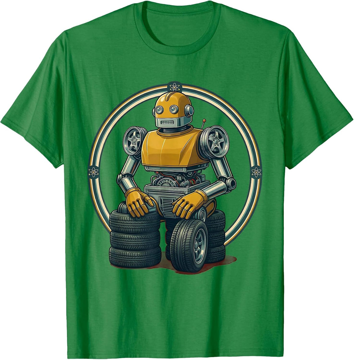 Men's Car Parts Robot Mechanic Graphic Tee T-Shirt - Kelly Green