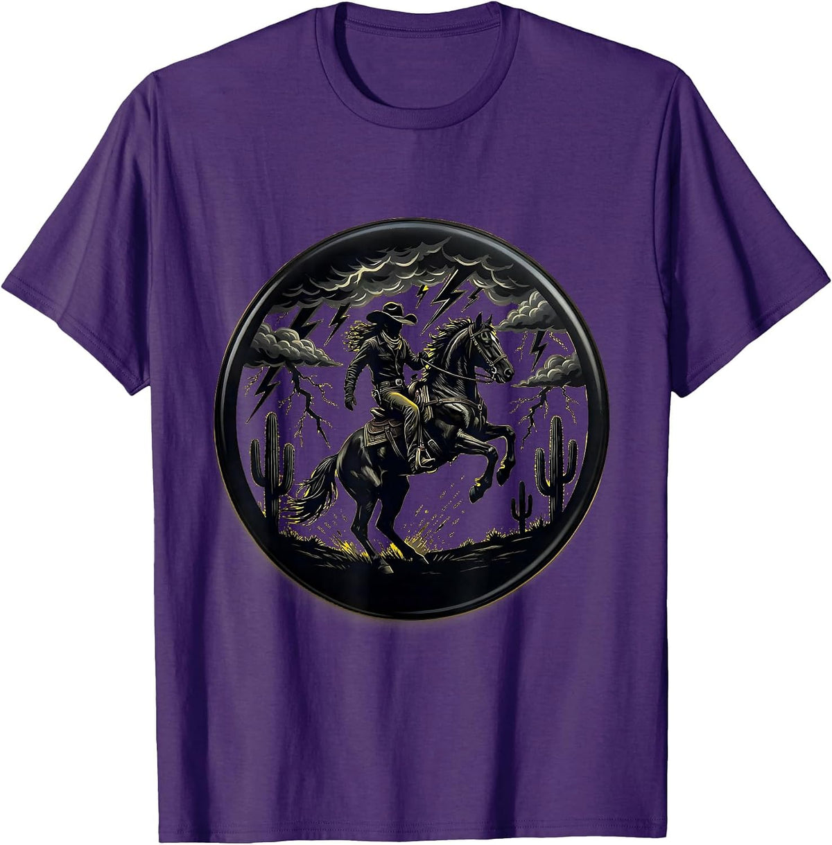 Men's Cowgirl Rearing Horse Thunderstorm Western Art T-Shirt - Purple