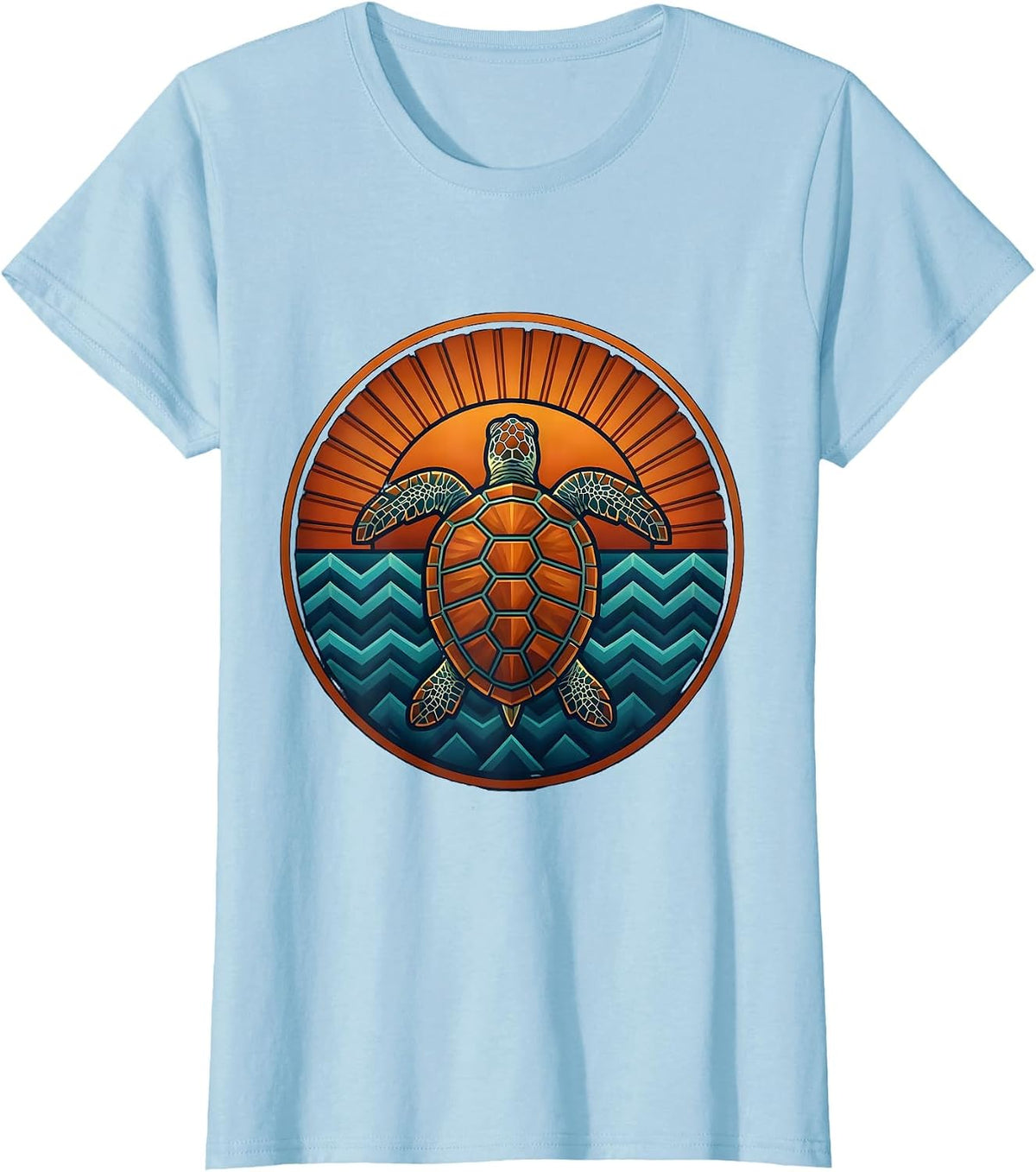 Women's Turtle Floating on Calm Ocean at Sunset T-Shirt - Baby Blue
