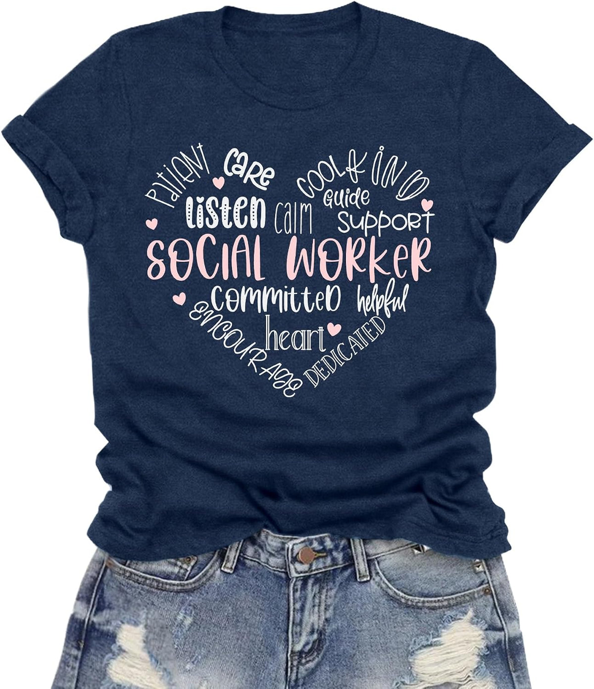 Womens Social Worker Shirt Social Work Life T-Shirts Cute Heart Tee Tops - Blue