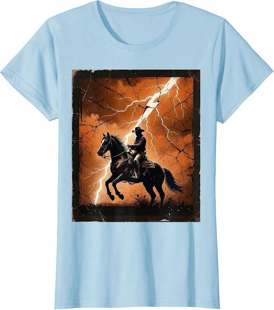 Women's Cowboy Riding Horse Through Lightning Storm T-Shirt - Baby Blue