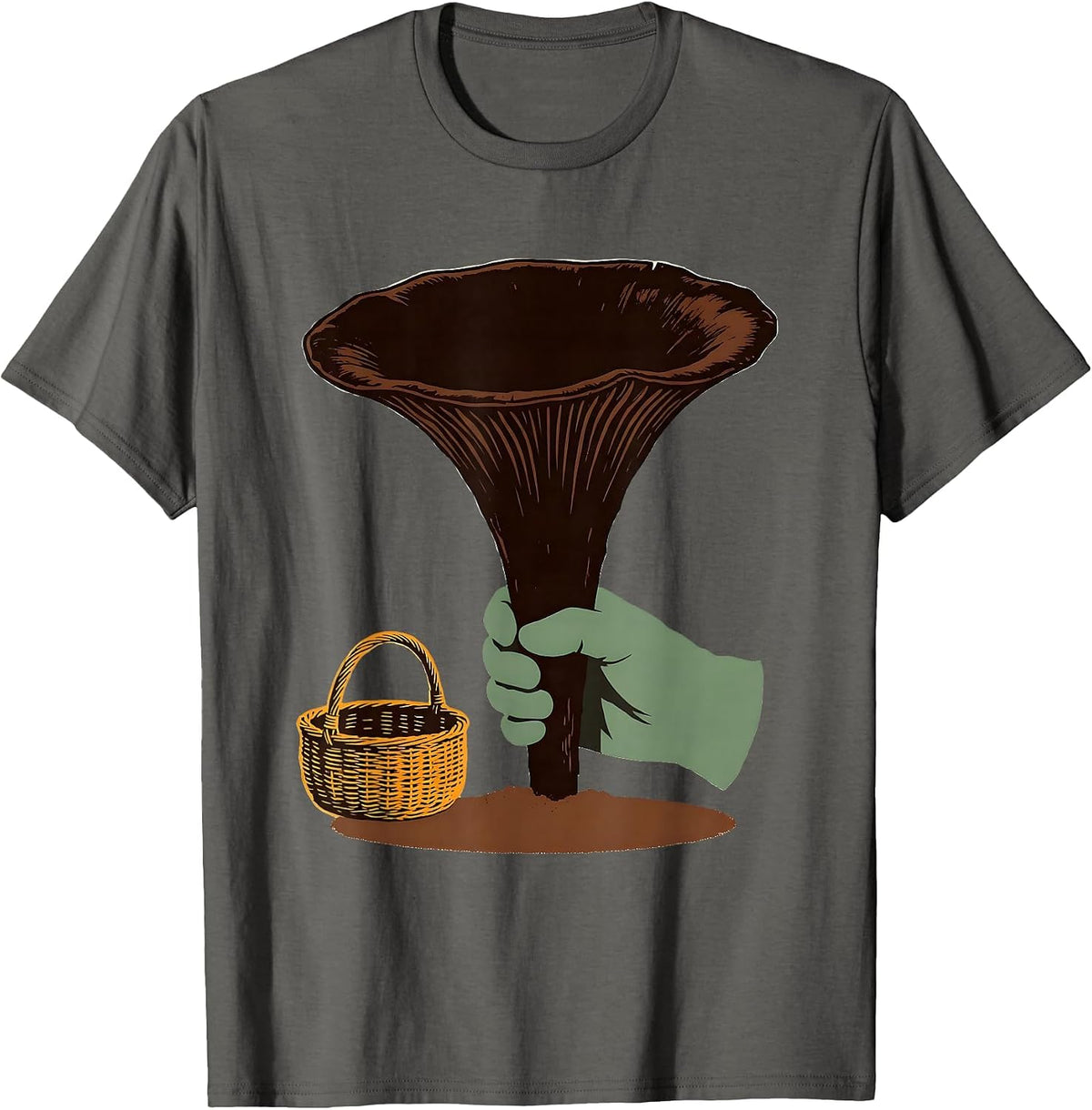 Men's Oversized Trumpet Mushroom Screenprint Retro Forager T-Shirt - Asphalt Grey
