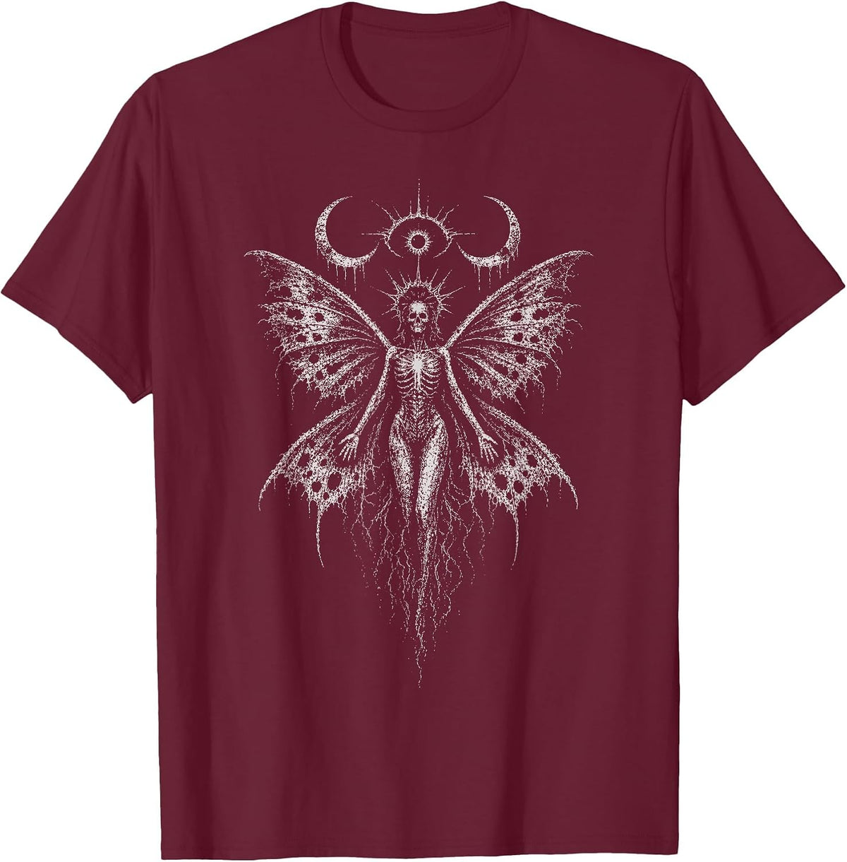 Skeleton Fairy Death Moth Skull Goth Occult Moon Alt Y2K Art T-Shirt - Burgundy