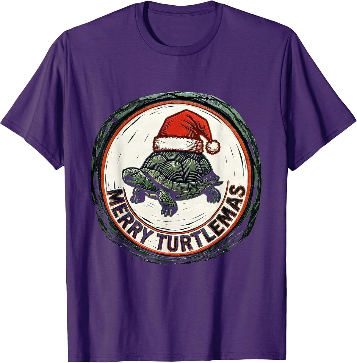 Men's Merry Turtlemas Linocut Funny Turtle Lover Christmas T-Shirt - Purple