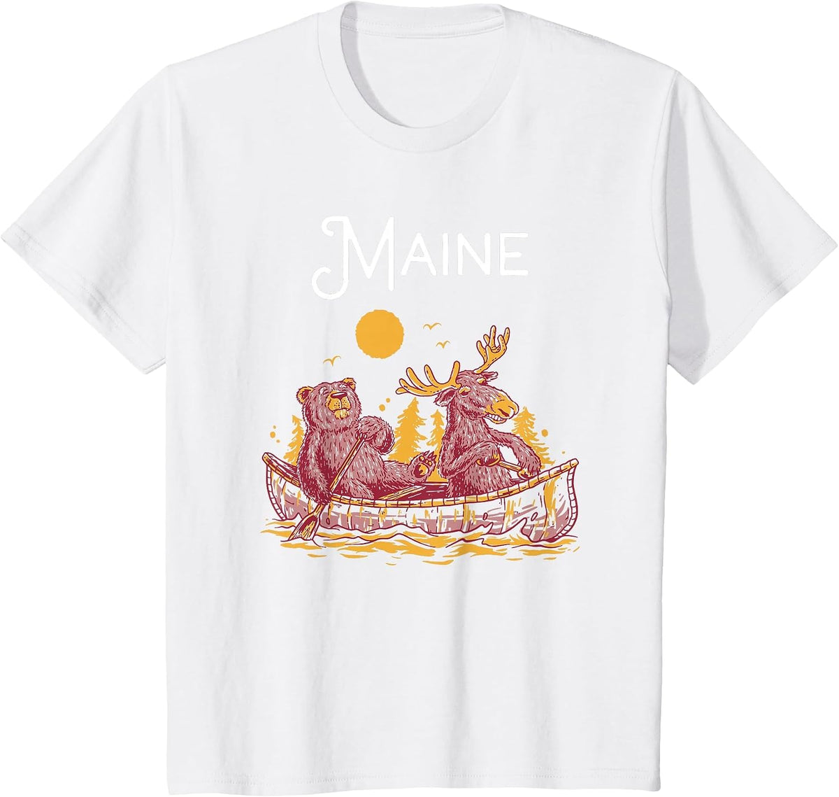 Maine Shirt Funny Canoe Moose Elk Bear Lake Canoeing T-Shirt - White