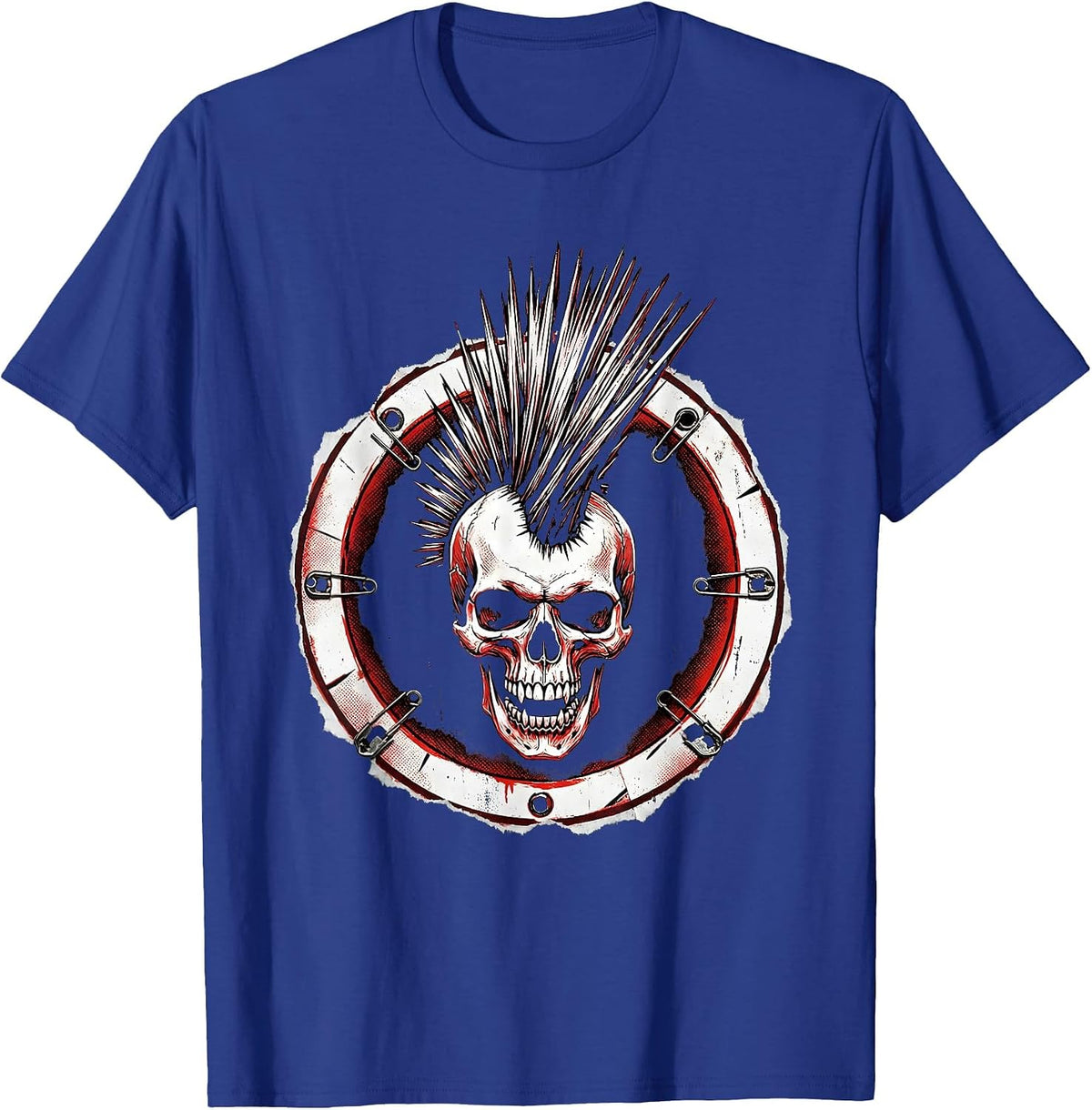 Men's Punk Rock Snarling Skull Mohawk Graphic T-Shirt - Royal Blue