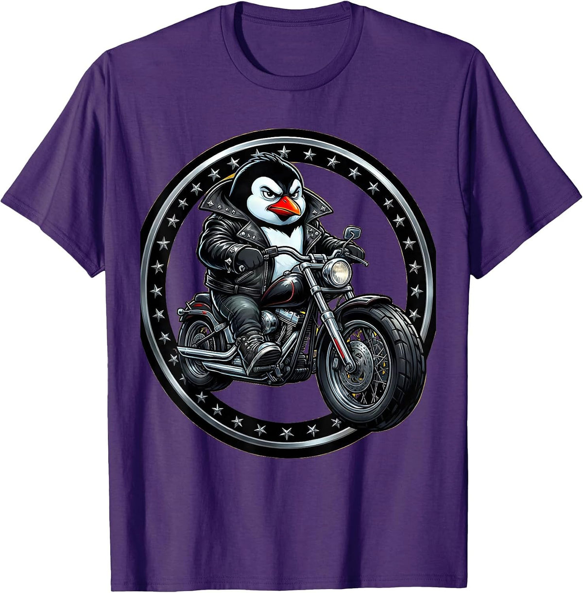 Penguin Biker Leather Jacket Motorcycle Graphic T-Shirt - Purple