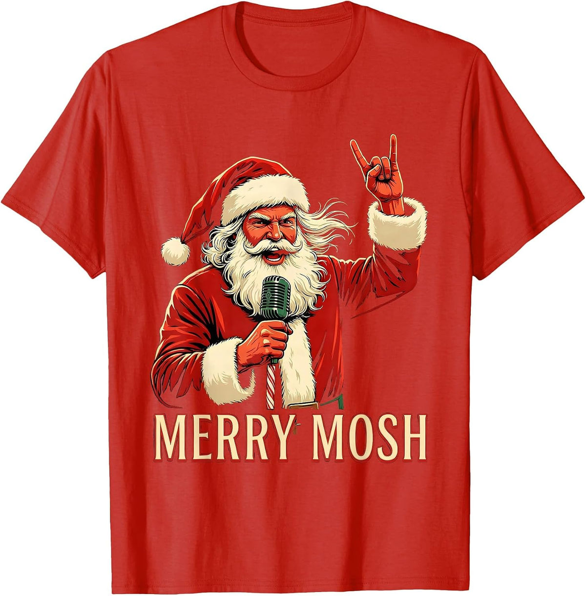Men's Merry Mosh Heavy Metal Rock Christmas Funny Novelty T-Shirt - Red