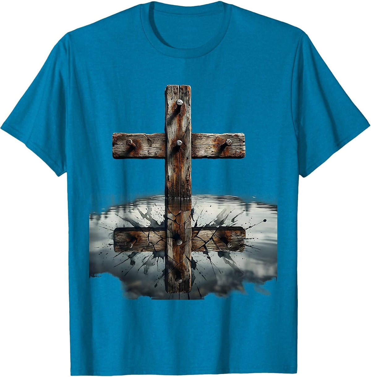 Three Nails Cross Reflection Christian Design T-Shirt - Sapphire Blue