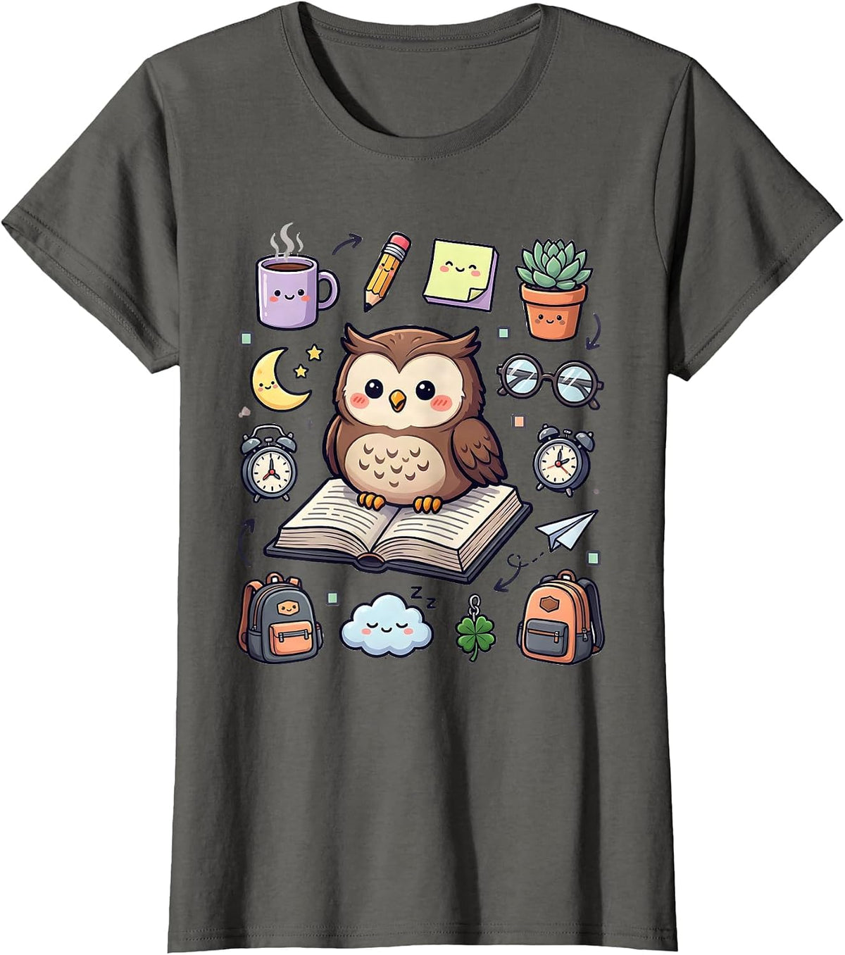 Women's Wise Owl on Open Textbook College Design T-Shirt - Asphalt Grey